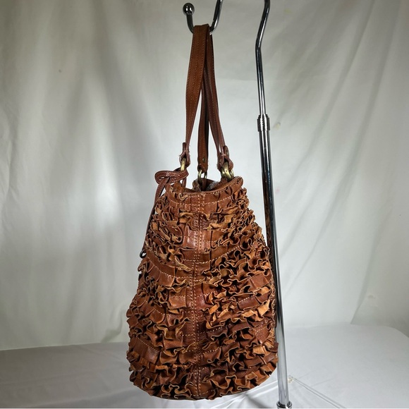 Vintage MOSCHINO Cheap and Chic Brown Leather Ruffle Shoulder Bag Purse Handbag - Picture 3 of 16